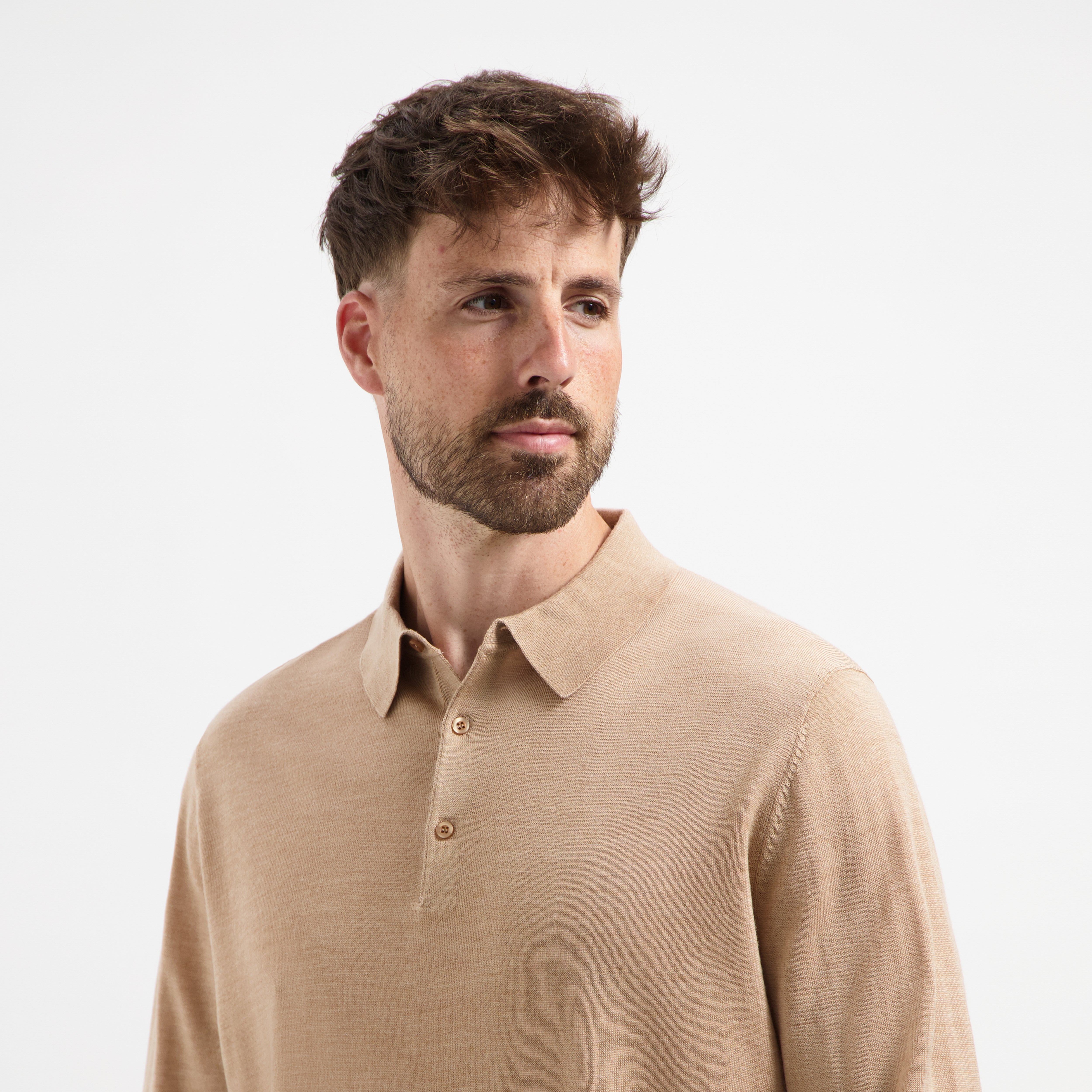 Polo Long Sleeve 100% Merino - Sahara Sand
