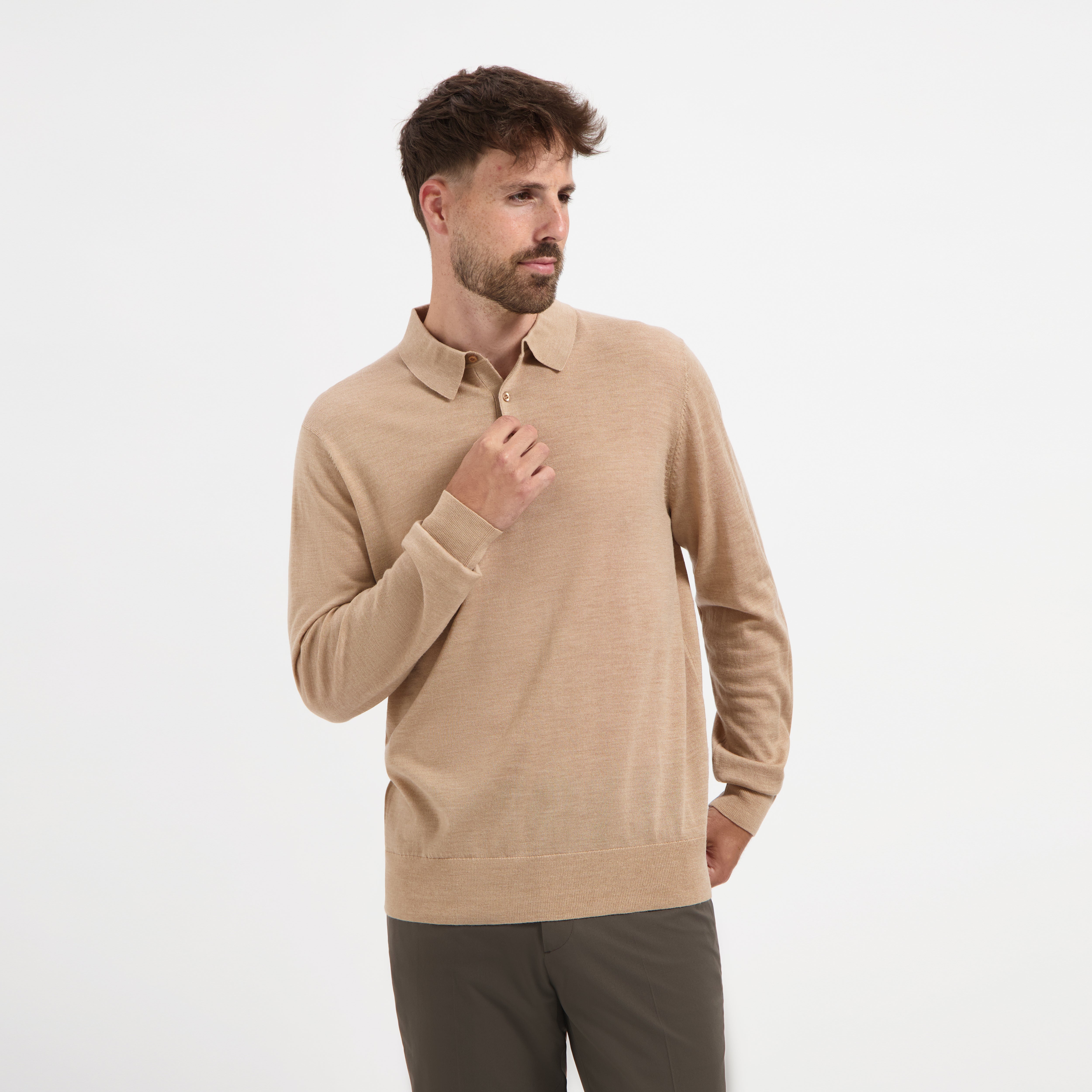 Polo Long Sleeve 100% Merino - Sahara Sand