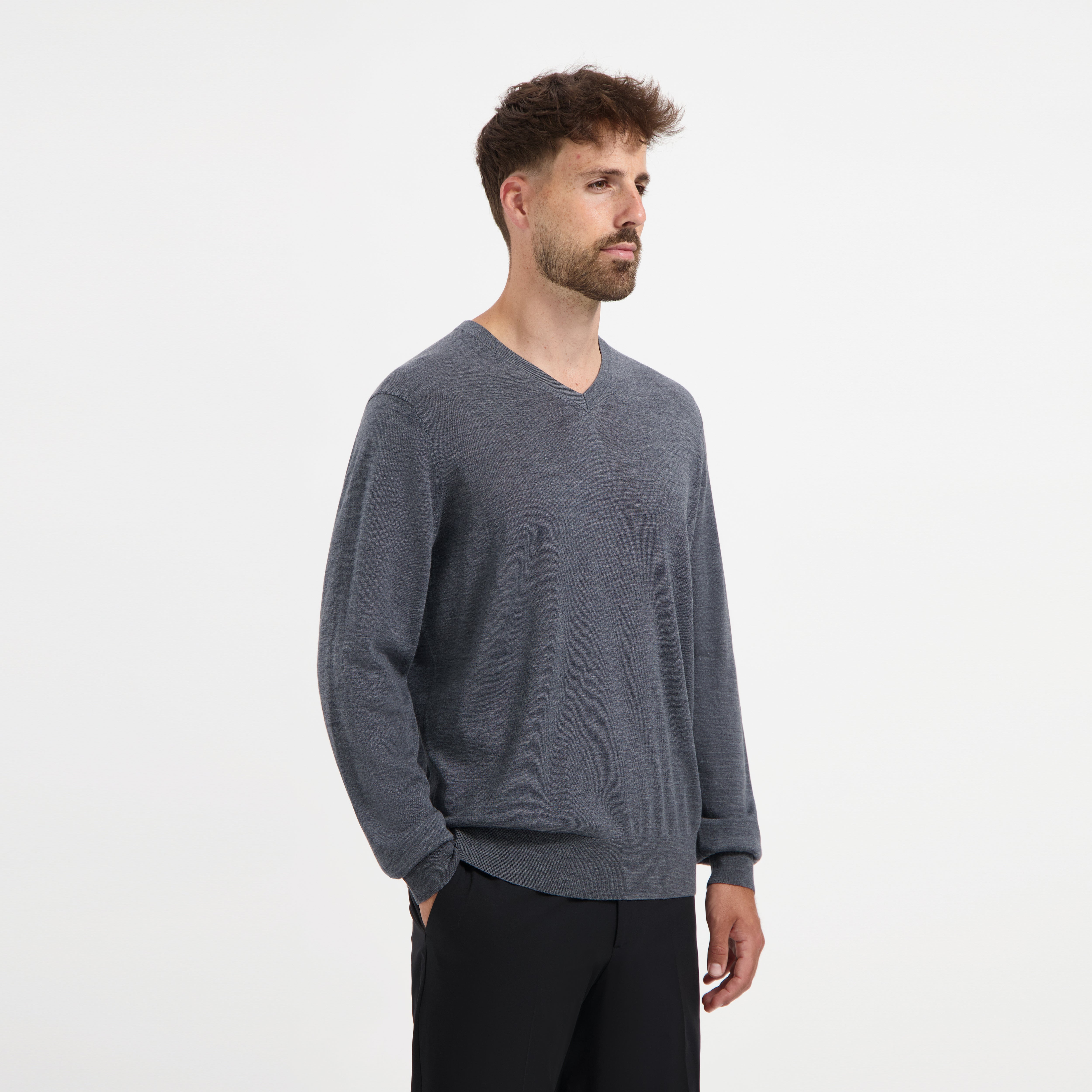 V Neck 100% Merino - Storm Grey