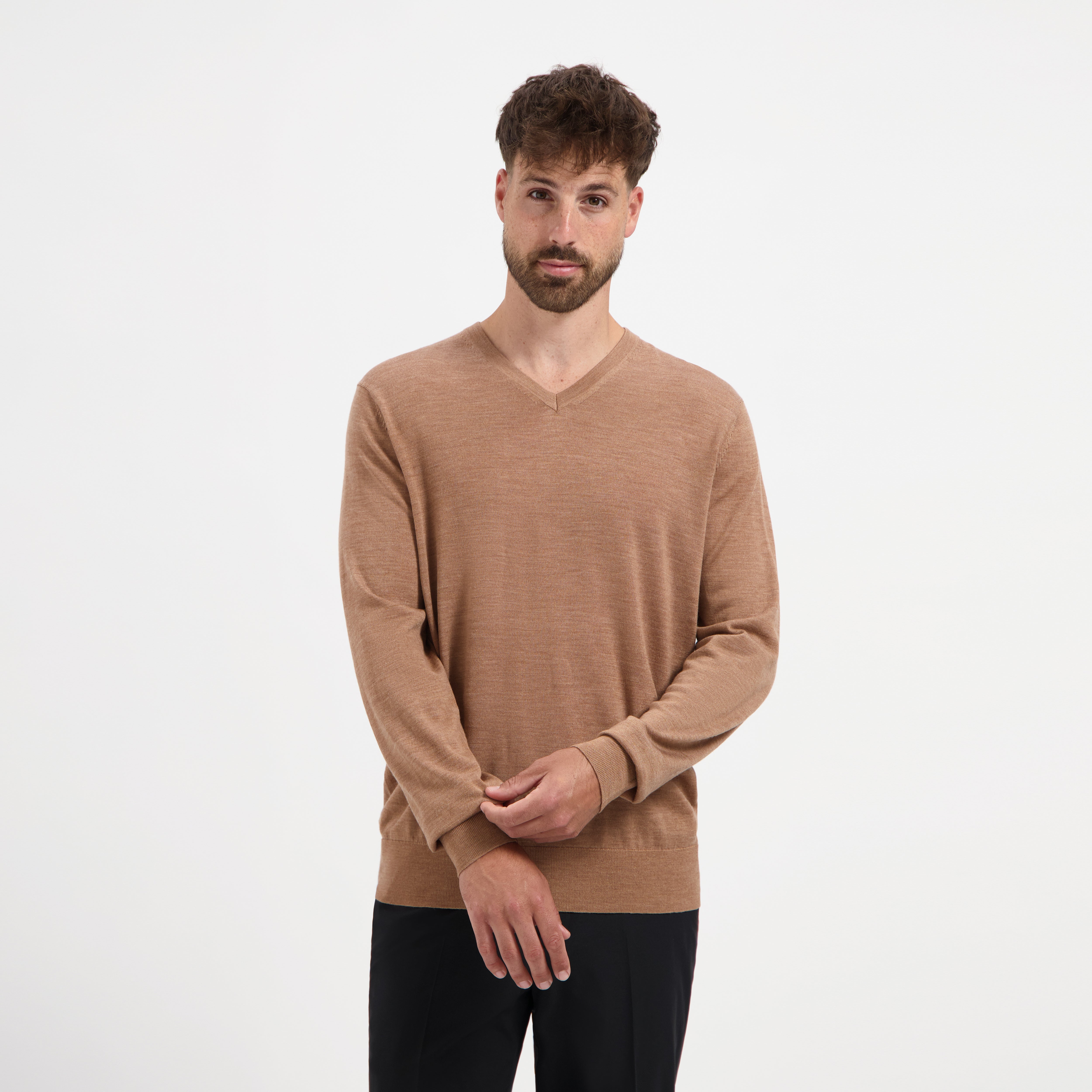 V Neck 100% Merino - Tuscan Camel