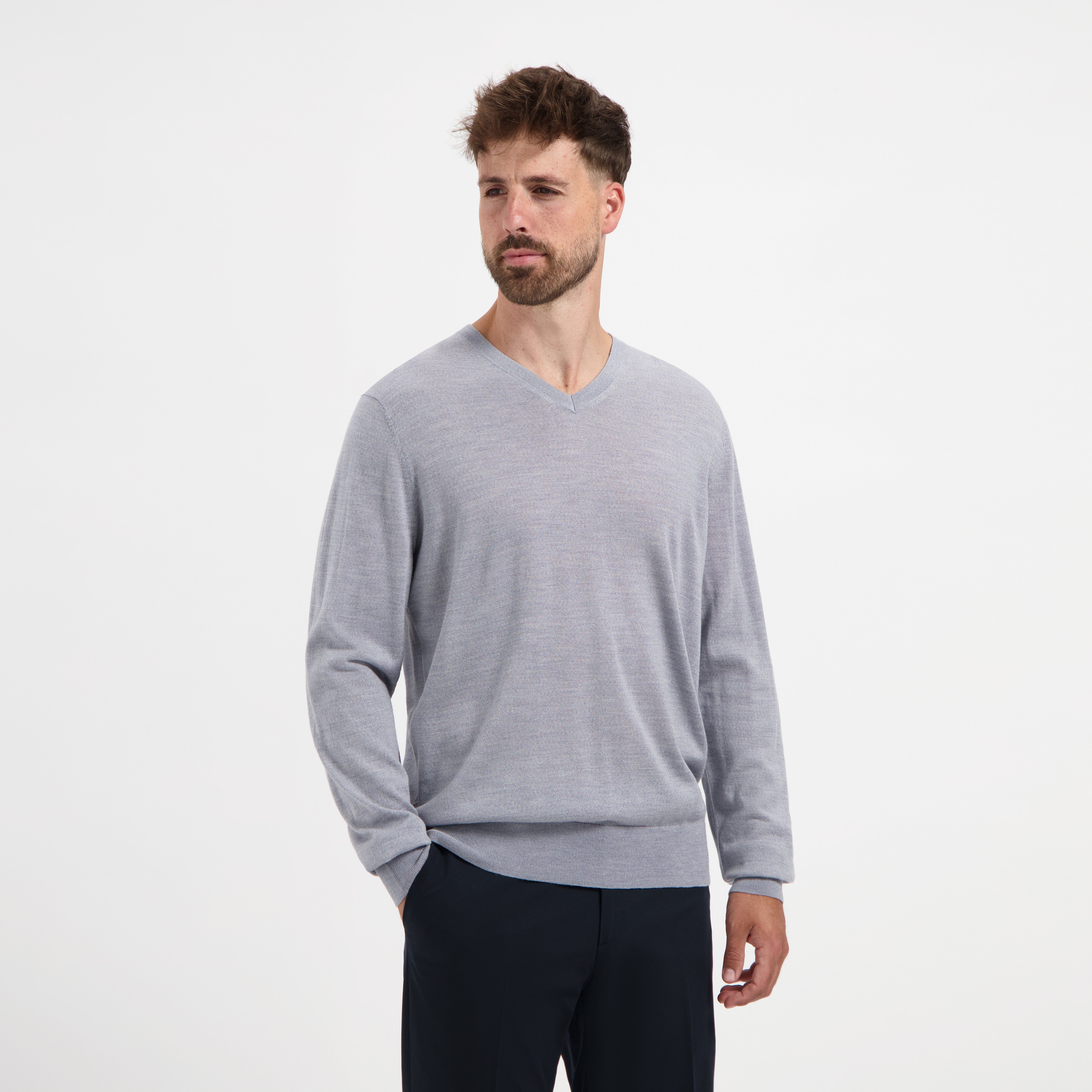 V Neck 100% Merino - Moonstone Grey