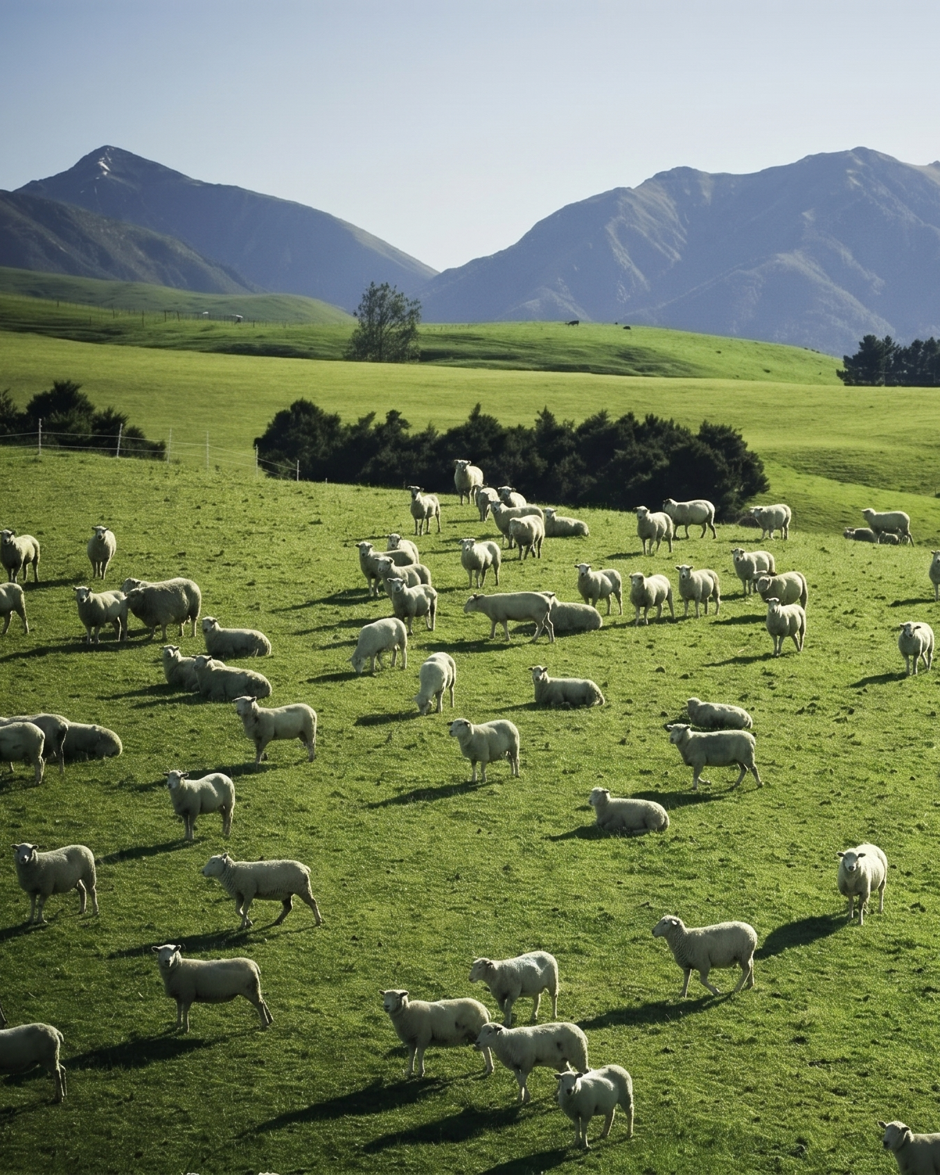 Sheep grazing in a green field with mountains in the background