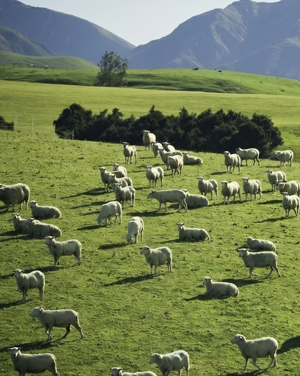 Sheep grazing in a green field with mountains in the background