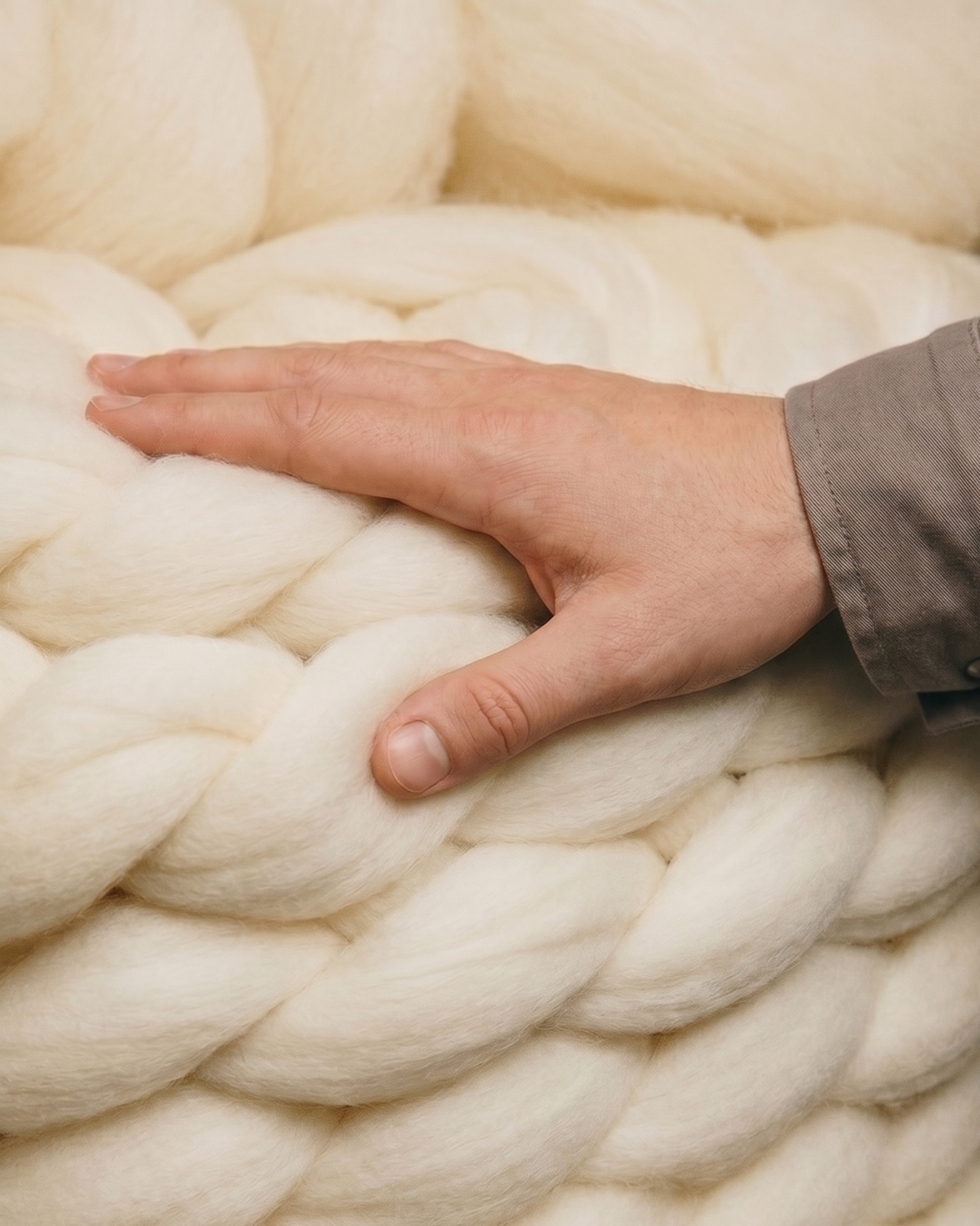 Hand touching a large ball of white yarn