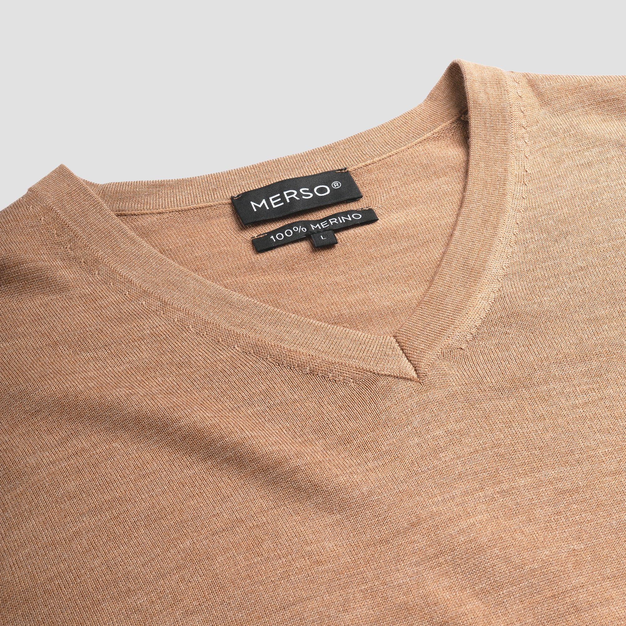 V Neck 100% Merino - Tuscan Camel